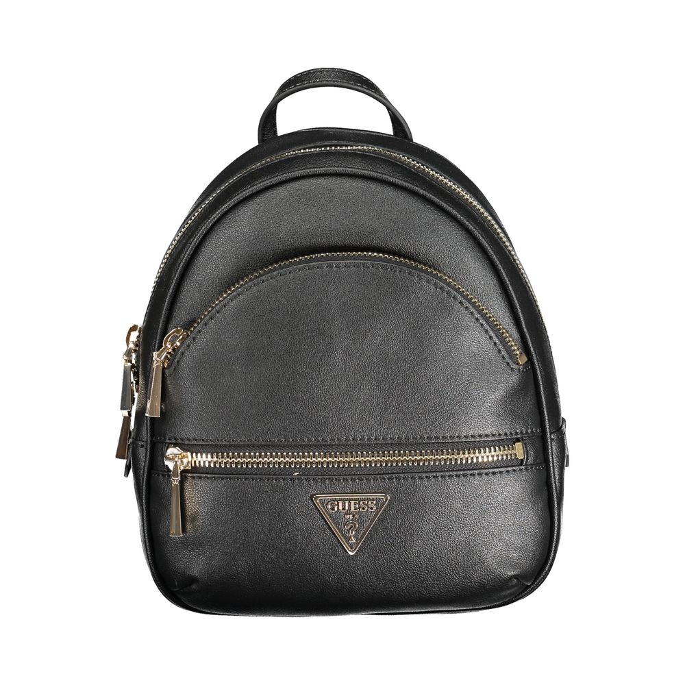 Black polyethylene backpack by Guess Jeans featuring stylish silver zippers