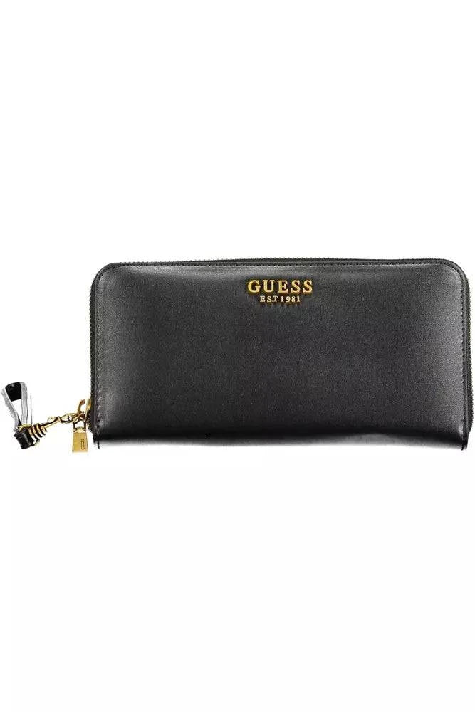 Black zippered wallet with gold accents from Guess Jeans in black polyethylene