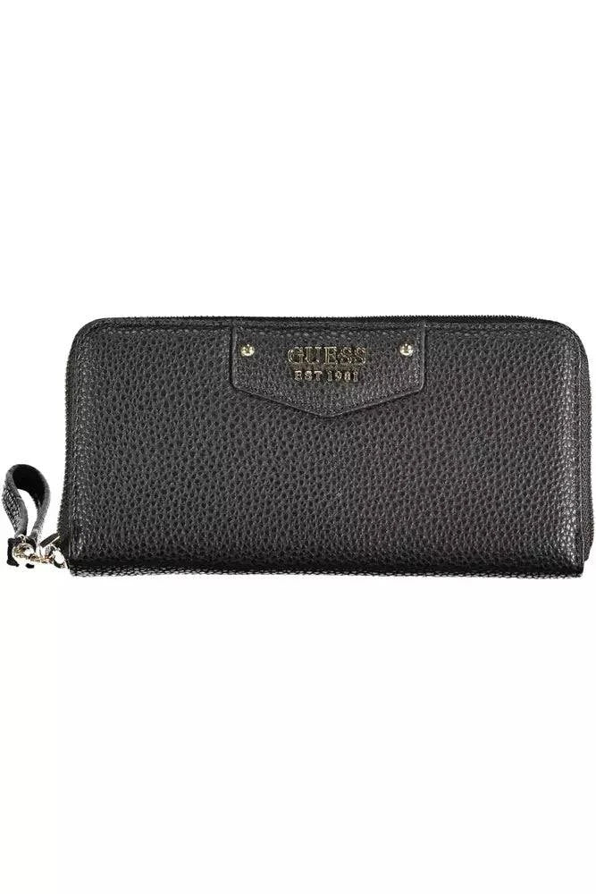 Black textured zippered wallet by Guess Jeans in durable polyethylene material