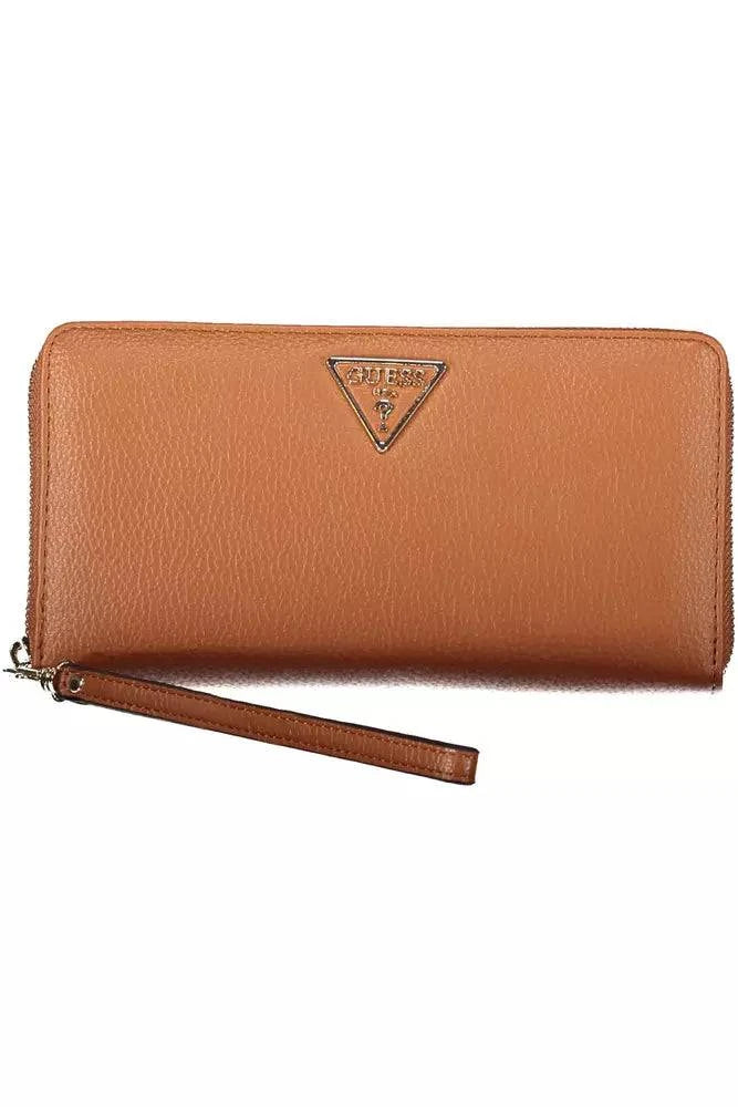 Tan zippered wallet from Guess Jeans in durable brown polyethylene material