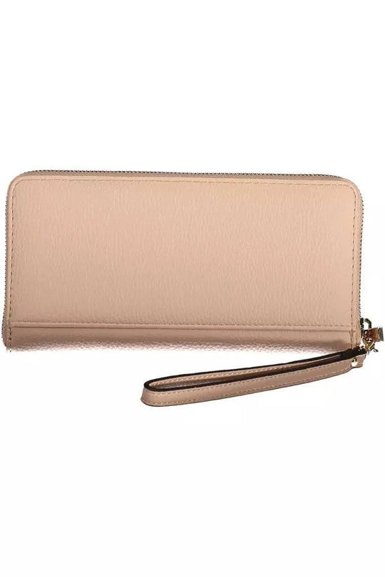 Beige zippered Guess Jeans wallet with wrist strap for women in polyethylene