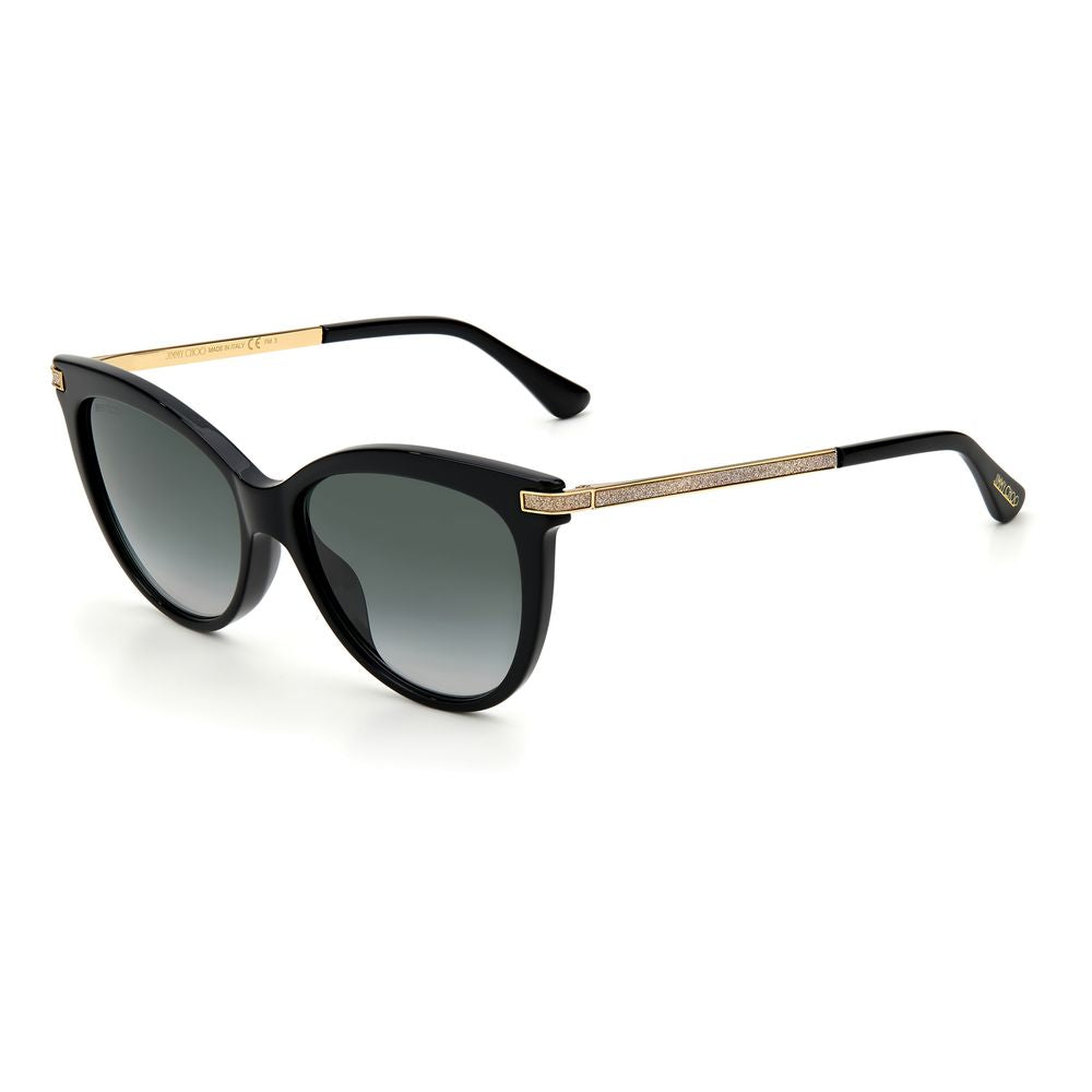 Jimmy Choo Black Acetate Sunglasses featuring elegant black cat-eye design and lens bridge temple