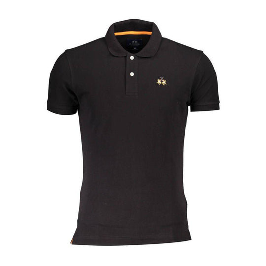 La Martina Black Cotton Men Polo Shirt displayed on a wooden background