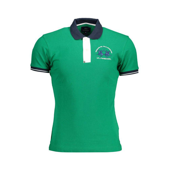 La Martina Green Cotton Men Polo Shirt featuring a green design with navy trim