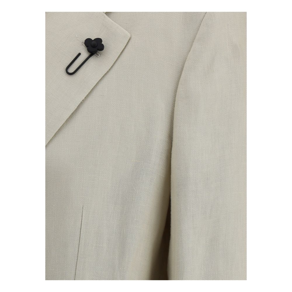 Beige Lardini Linen Blazer featuring a stylish flower lapel pin for a sophisticated look