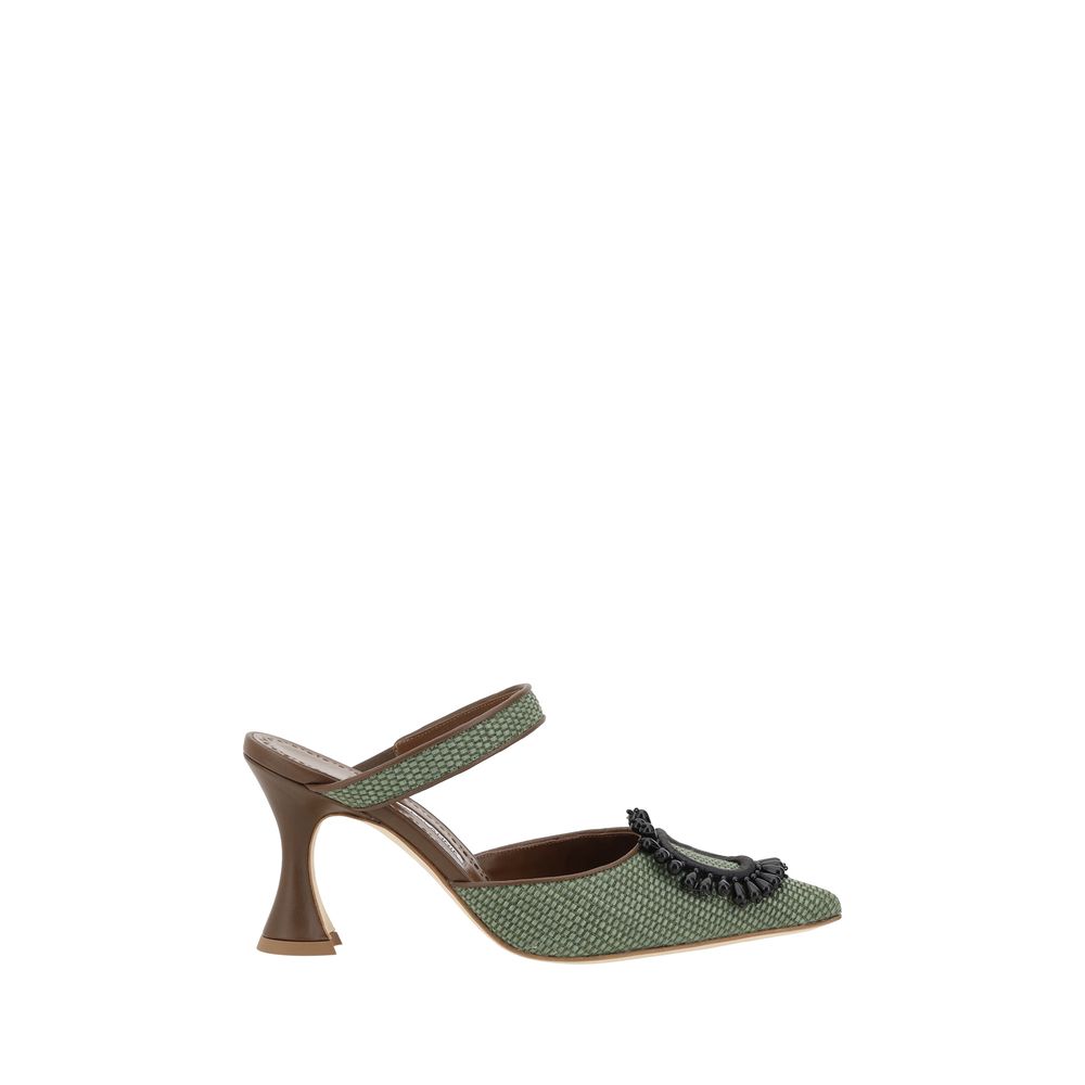 Green woven mule with brown heel from Manolo Blahnik Atika Pumps collection