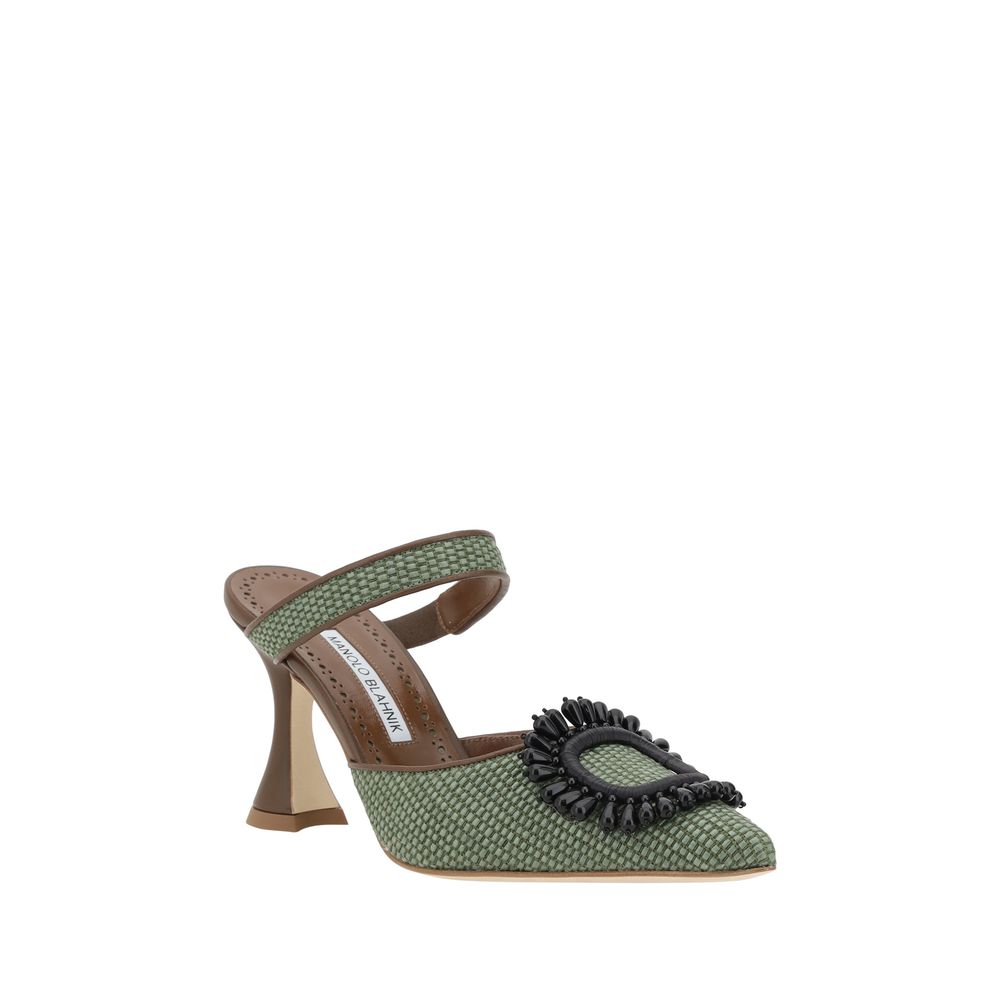 Green patterned heeled mule with decorative buckle, Manolo Blahnik Atika Pumps