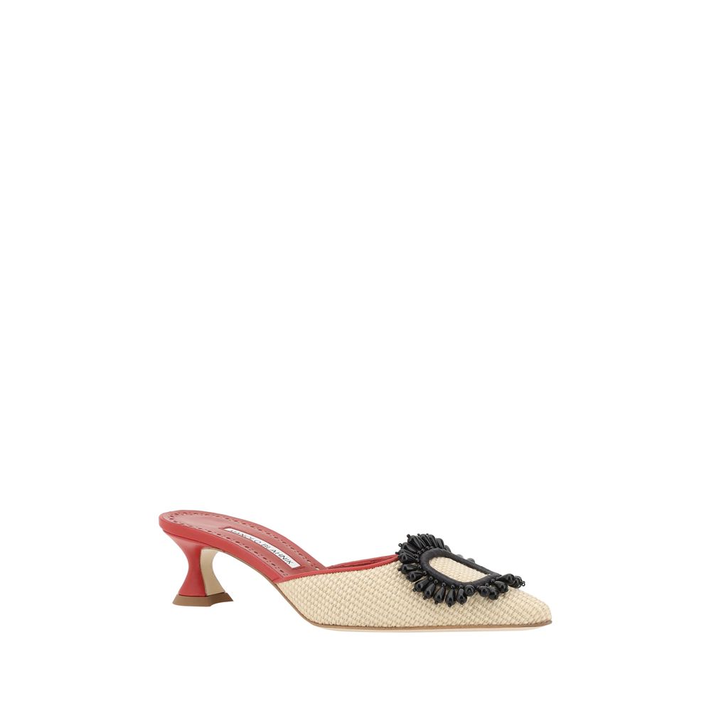 Red-heeled raffia mule with black embellishment from Manolo Blahnik Atikalo Pumps