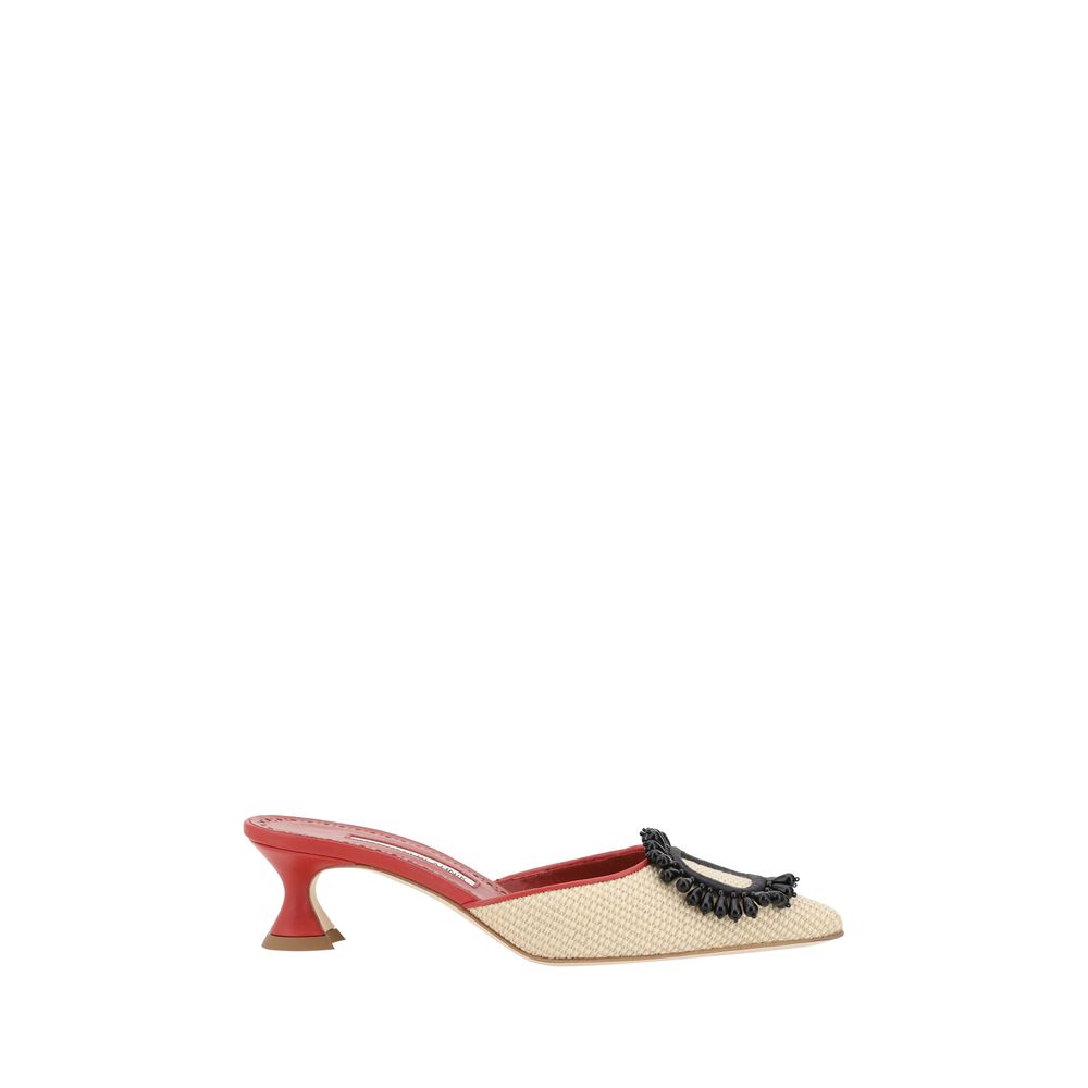 Red-heeled raffia mule with black embellishment from Manolo Blahnik Atikalo Pumps