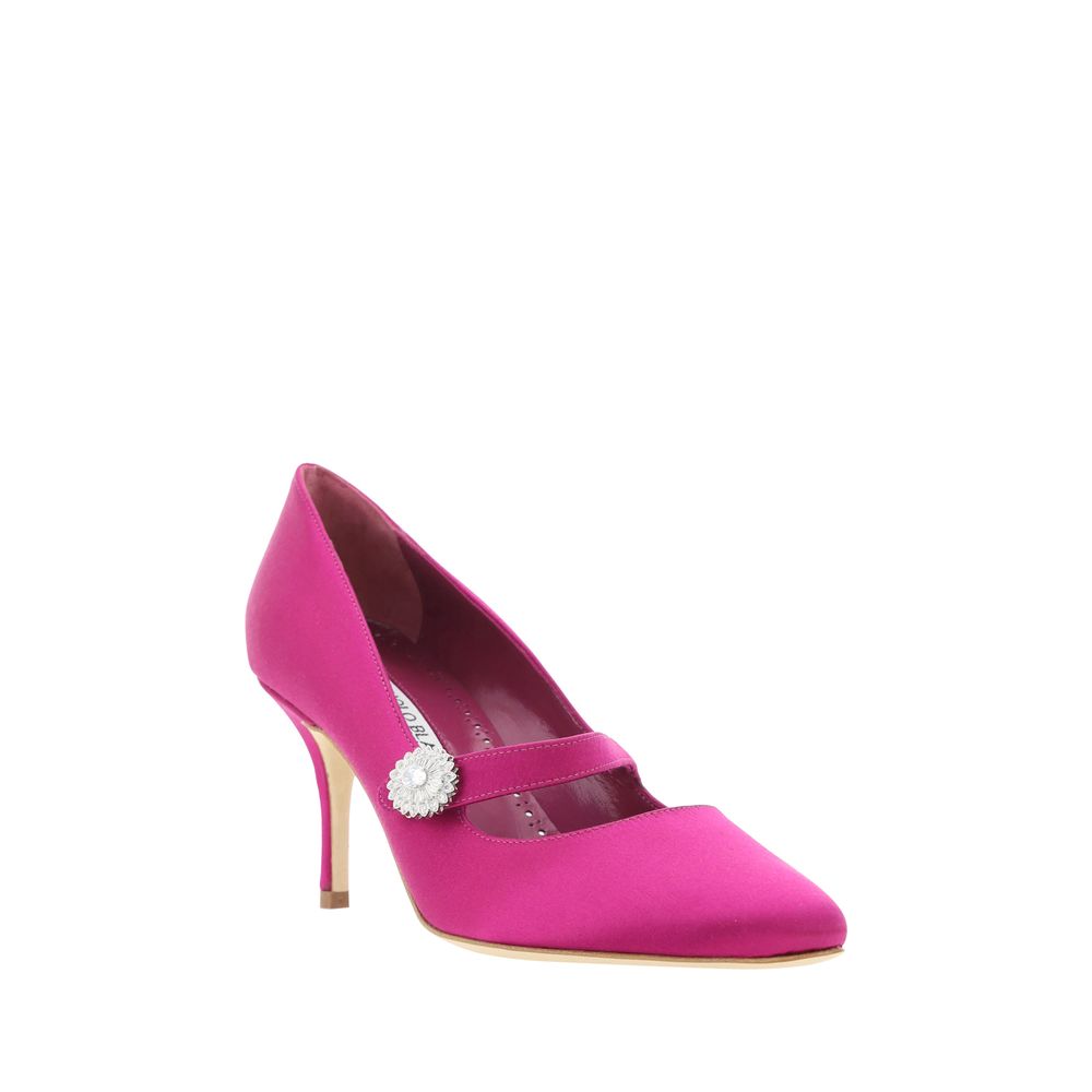 Fuchsia satin Manolo Blahnik Marijana Fabio Pumps with jeweled embellishment