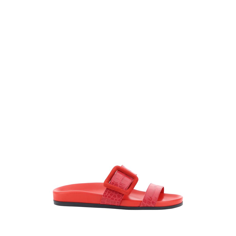 Red leather Manolo Blahnik Mayfu Sandals with a stylish buckle for elegant summer wear