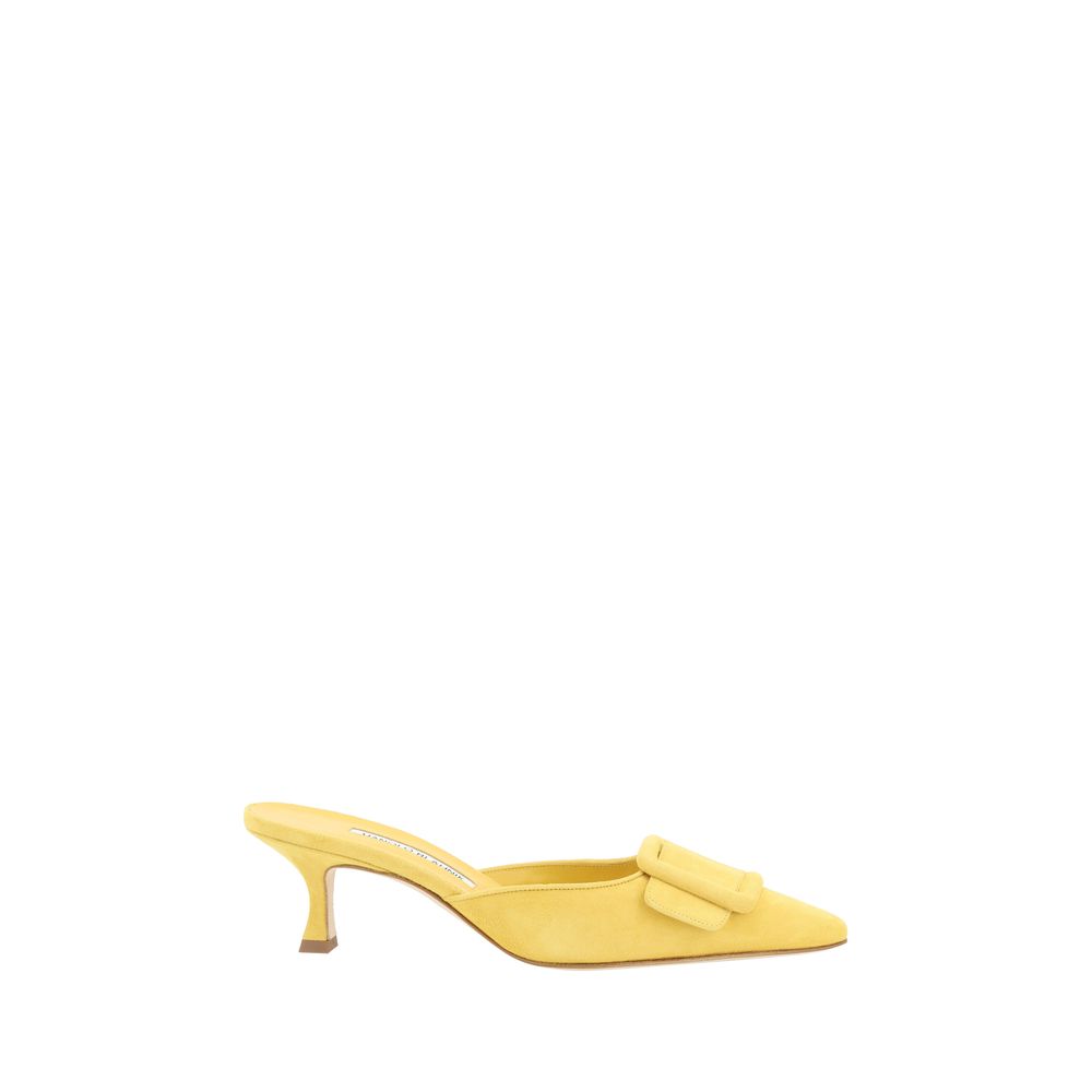 Yellow heeled mule with bow, part of Manolo Blahnik Maysale Pumps collection