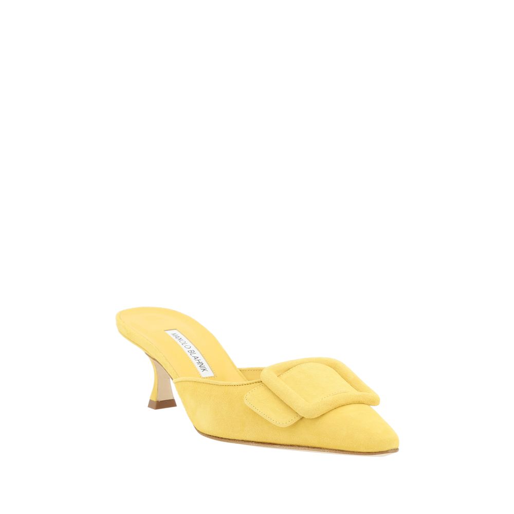 Yellow satin mule with buckle from Manolo Blahnik Maysale Pumps collection