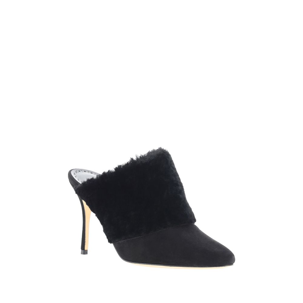 Black fur-trimmed heeled mule from Manolo Blahnik Pelos Fabio Pumps collection