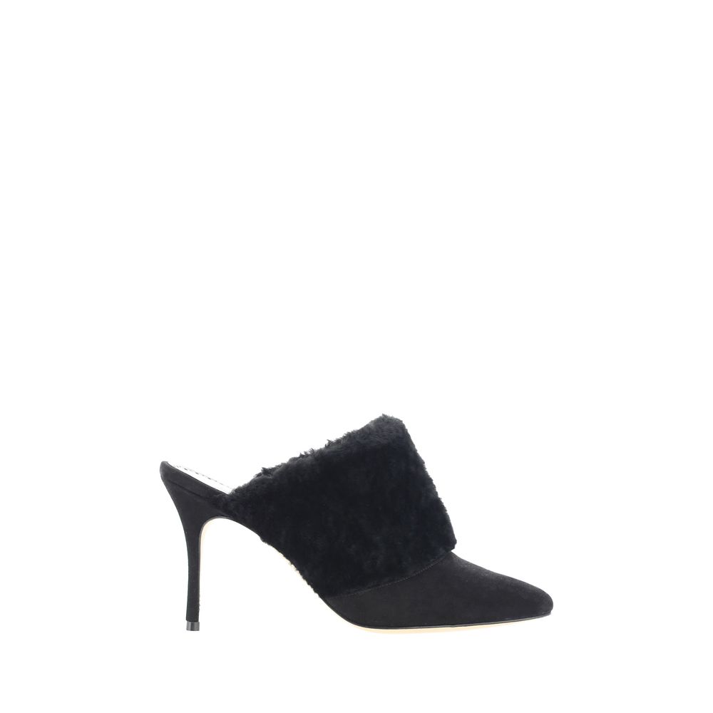 Black fur-trimmed heeled mule Manolo Blahnik Pelos Fabio Pumps for stylish elegance