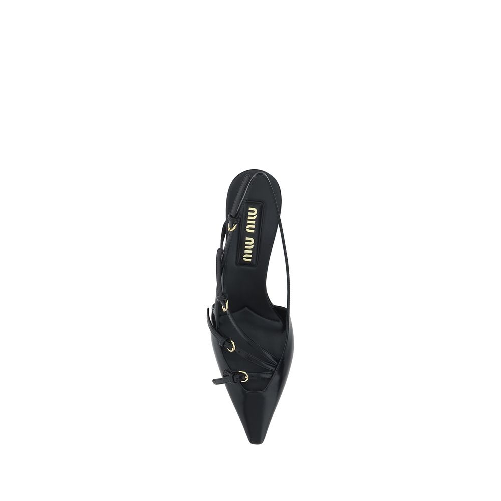 Black pointed-toe heeled Miu Miu pumps showcasing elegant design and modern style