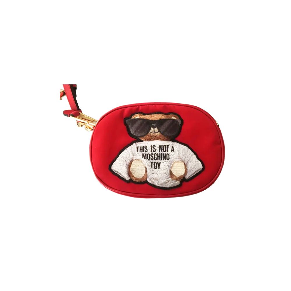 Red coin purse with teddy bear design for Moschino Couture Chic Embroidered Nylon Belt Bag