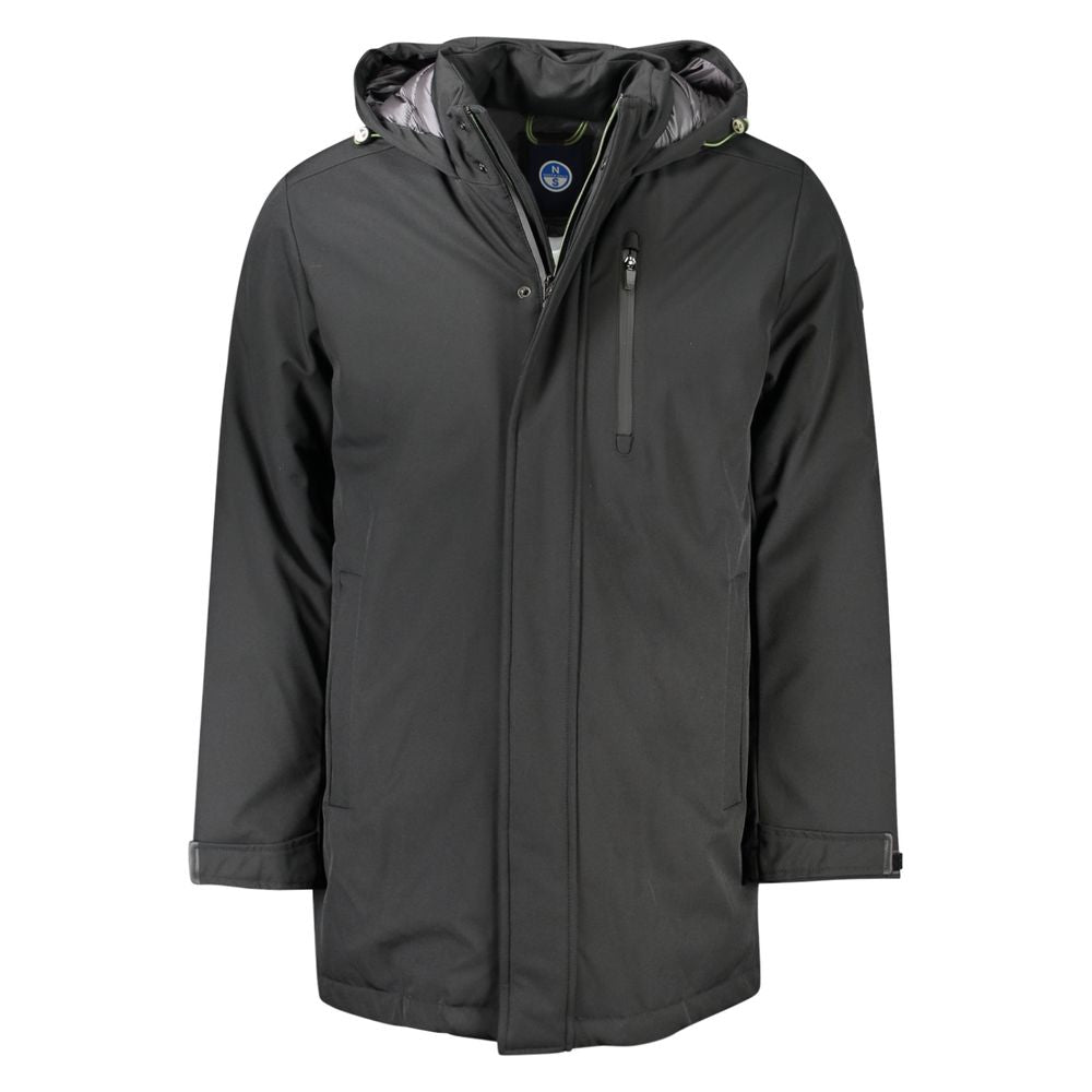 North Sails Black Polyester Men Jacket featuring a stylish black hooded parka design