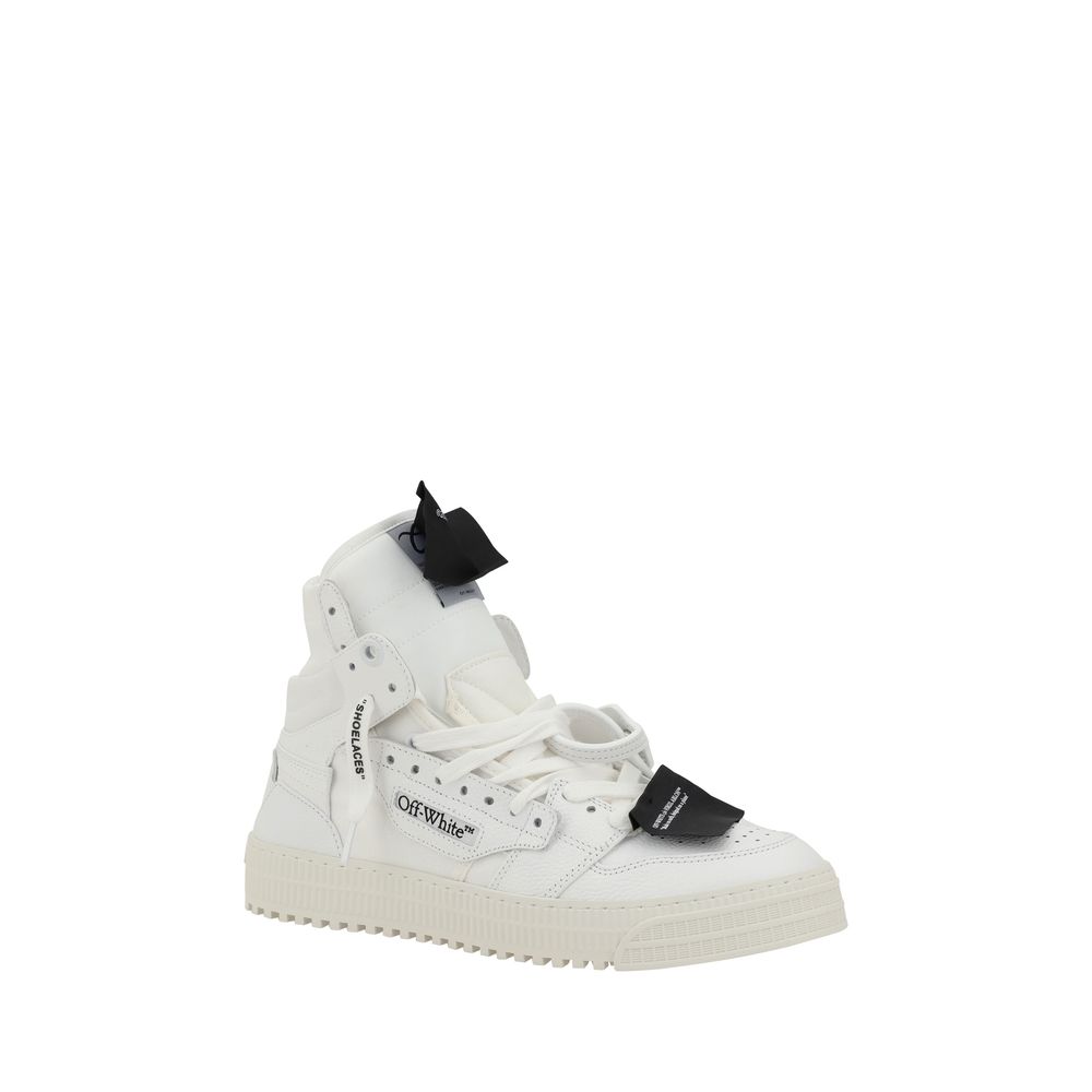 White high-top Off-White 3.0 Off Court Sneakers with black tags on display