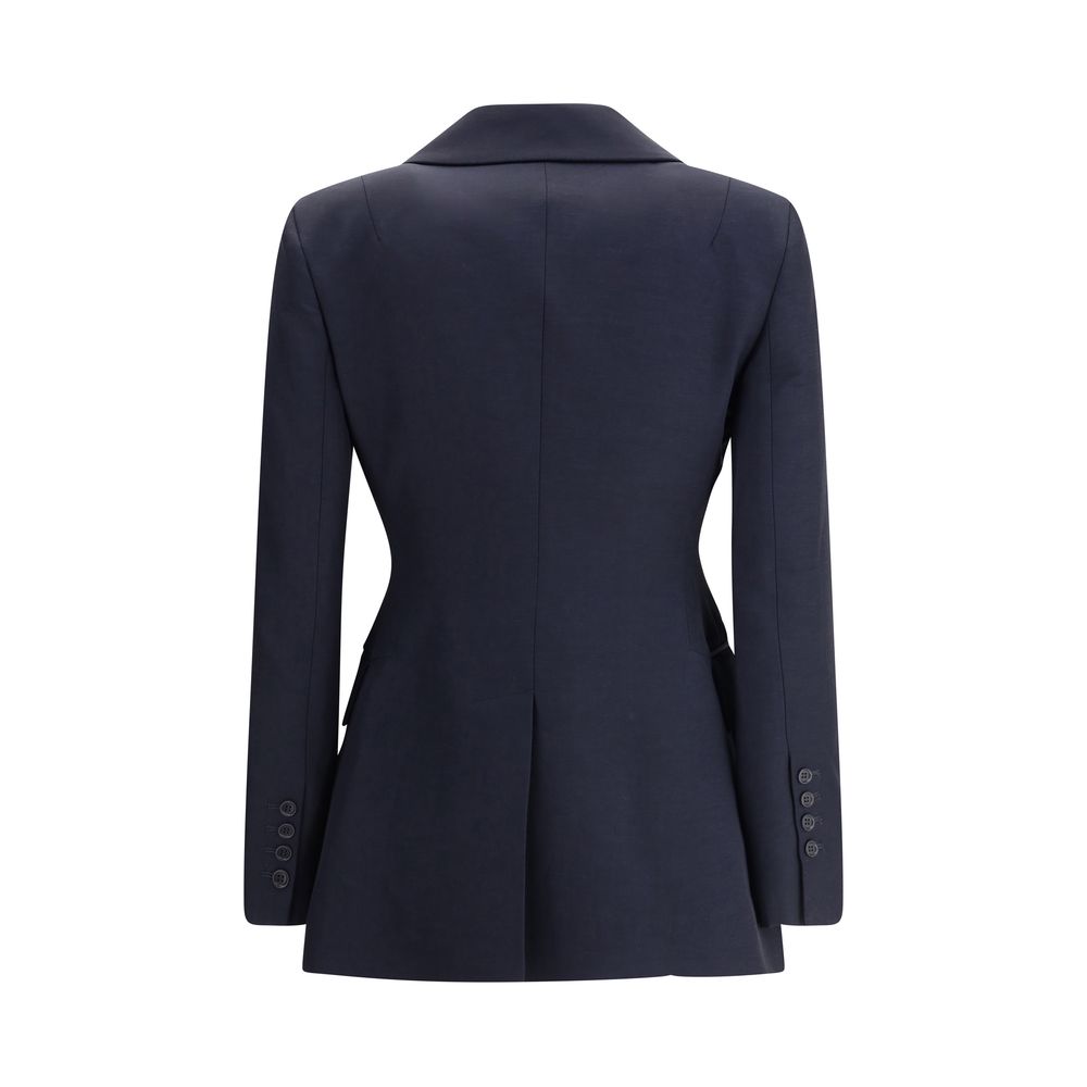 Navy blue tailored double-breasted blazer by P.A.R.O.S.H. showcasing elegance and style