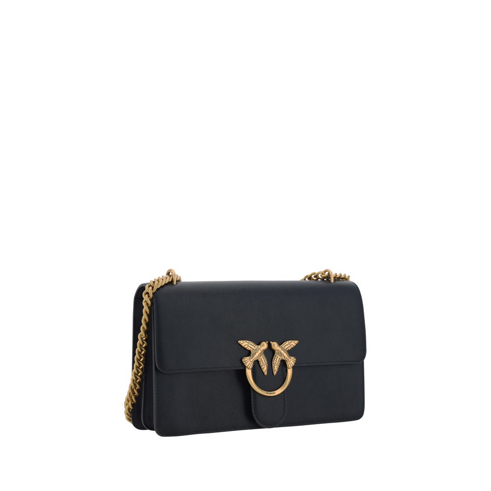 Elegant Black Leather PINKO Love Shoulder Bag with Gold Chain Strap and Bird Emblem