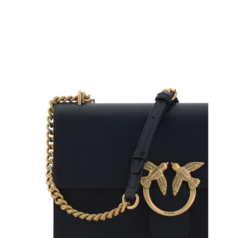 Black leather PINKO Love Shoulder Bag with gold chain and bird emblem