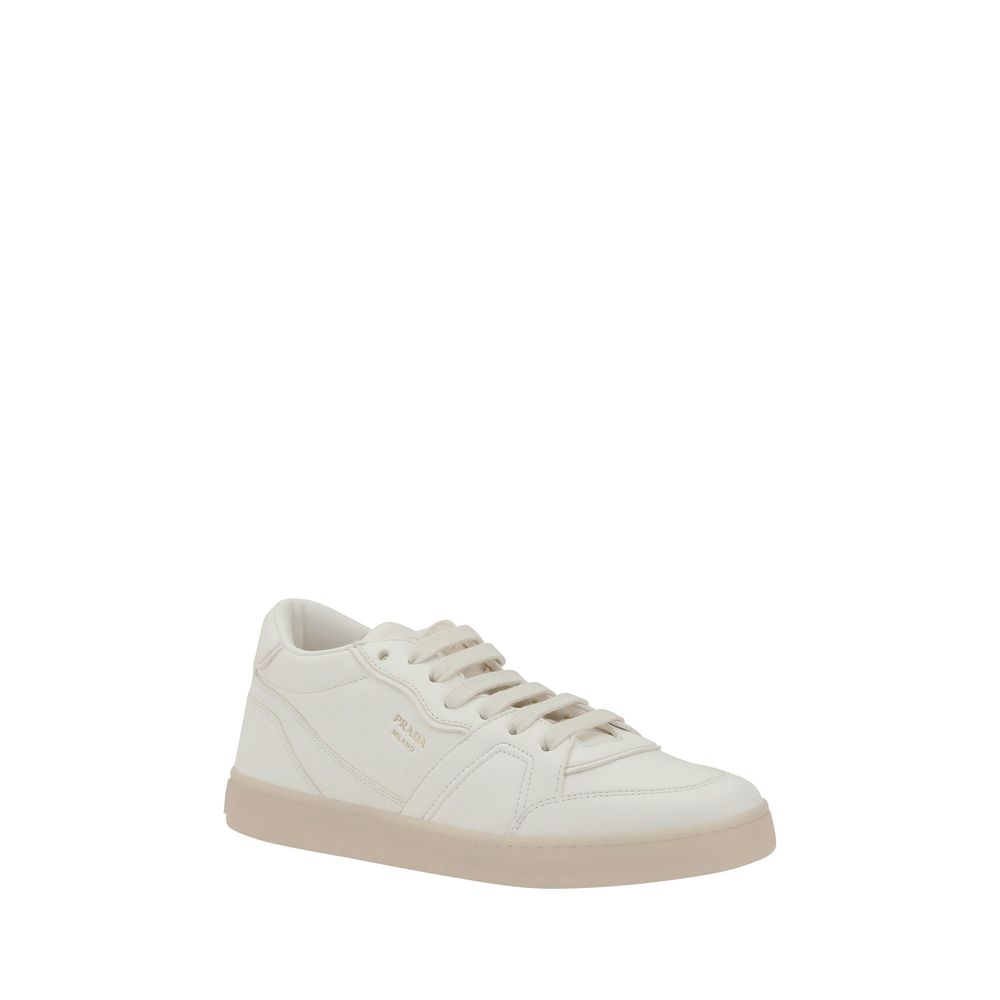 Off-white leather sneaker from Prada leather sneakers collection for stylish footwear