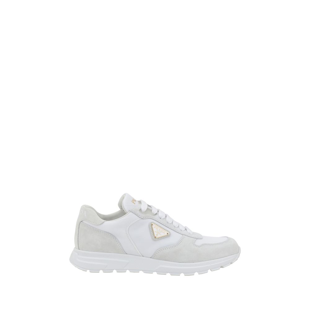 White leather sneakers from Prada, showcasing luxury and style in footwear