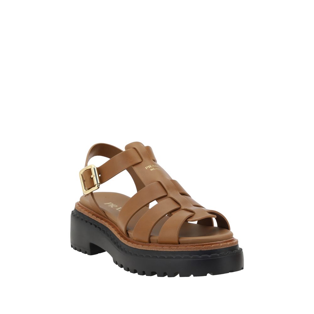 Brown leather caged Prada sandals with black lug tread sole for stylish comfort