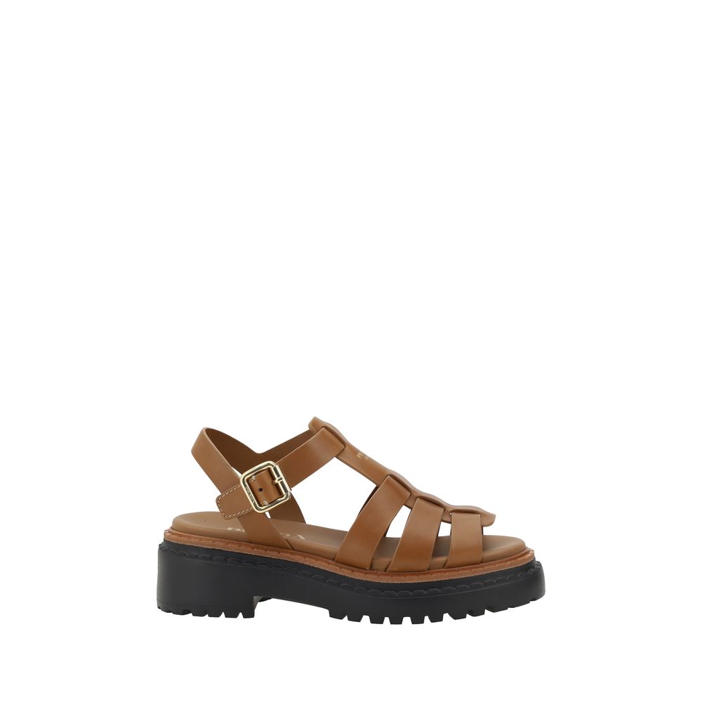 Brown leather gladiator sandals featuring a durable tread sole by Prada Sandals