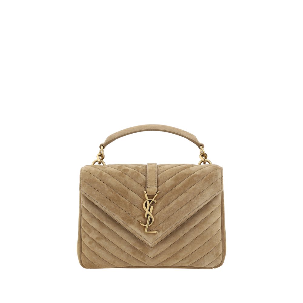 Beige suede Saint Laurent College handbag featuring a gold logo detail