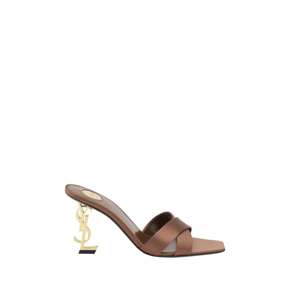 Brown satin Saint Laurent Opyum Sandals featuring a gold logo heel