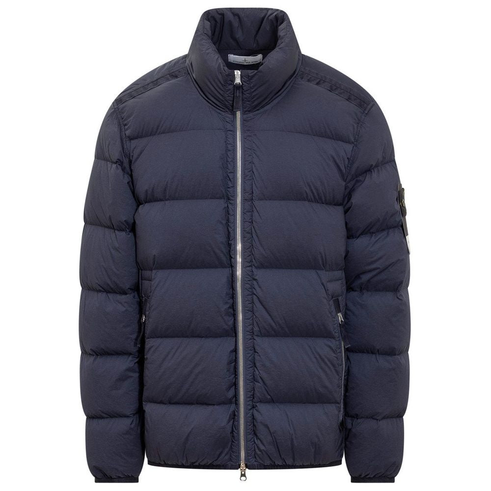 Navy blue puffer jacket featuring Stone Island Blue Nylon design for stylish outerwear