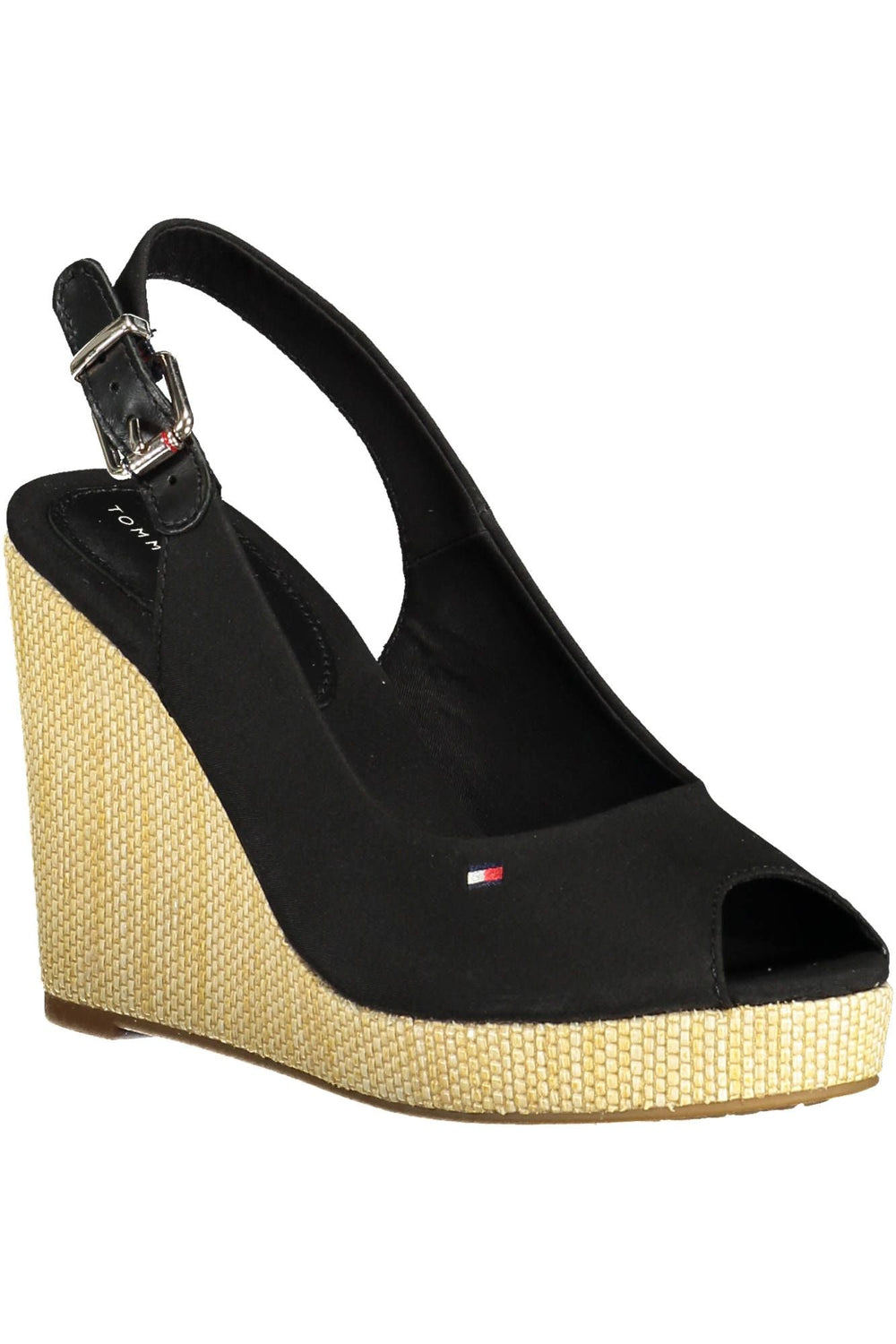 Tommy Hilfiger Black Cotton Women Sandal featuring stylish black peep-toe wedge design