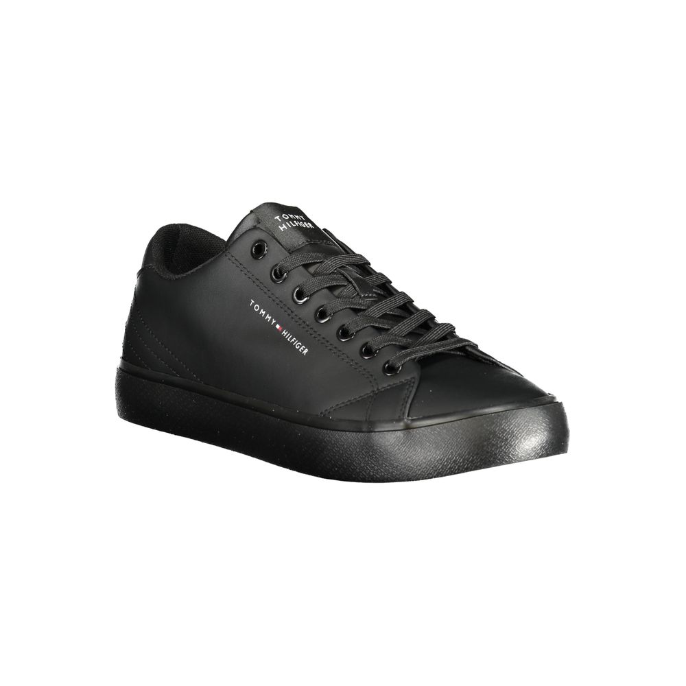 Tommy Hilfiger Black Leather Men Sneaker displayed in stylish black design