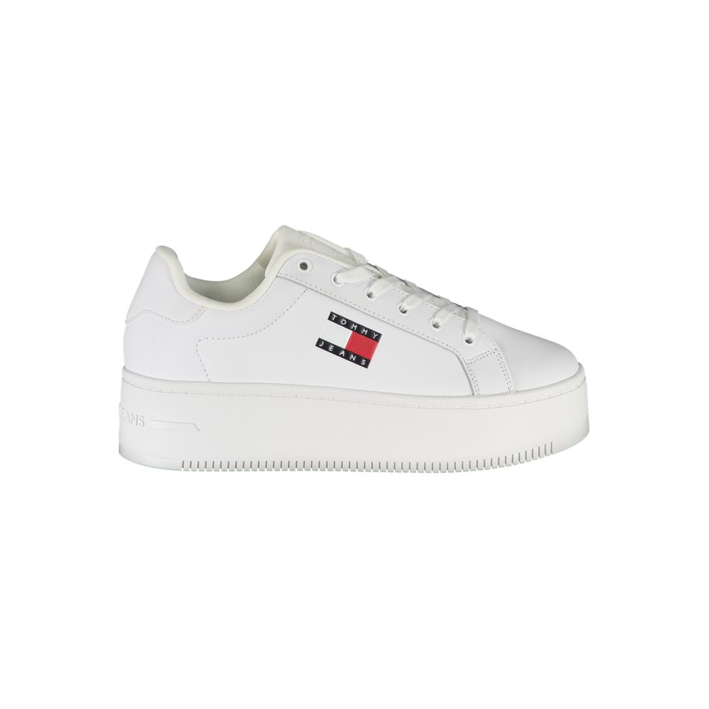 Tommy Hilfiger White Polyester Sneaker on a platform, offering stylish comfort