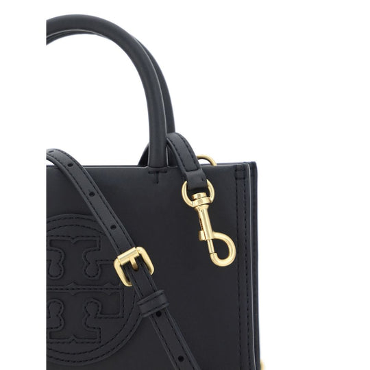 Black leather Tory Burch Ella Mini Handbag with elegant gold hardware detail