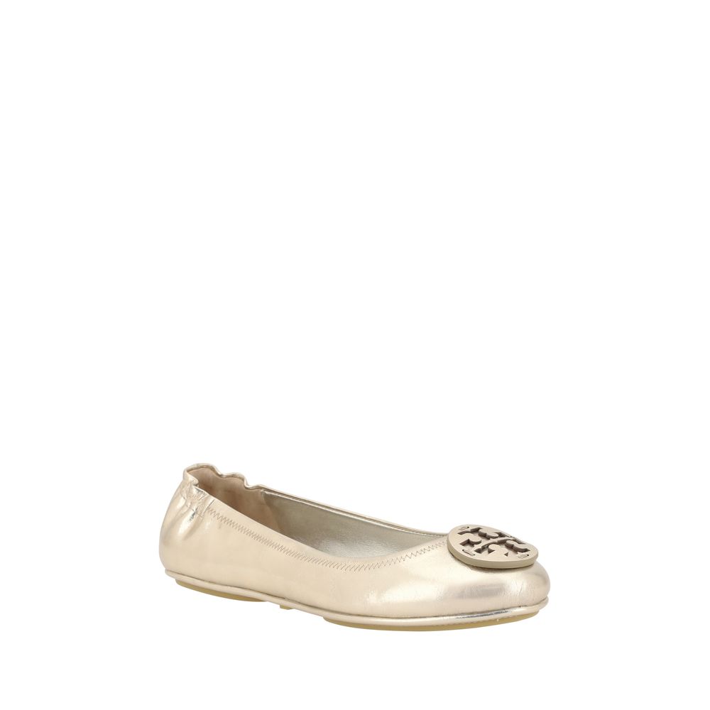 Gold Tory Burch Minnie Ballerinas with logo, stylish ballet flats for everyday wear