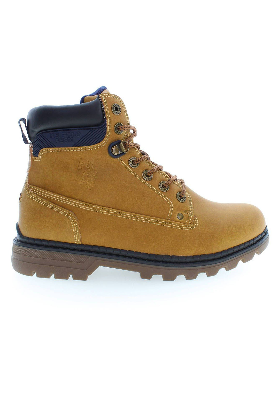 Tan leather work boot from U.S. POLO ASSN. featuring durable beige polyester design