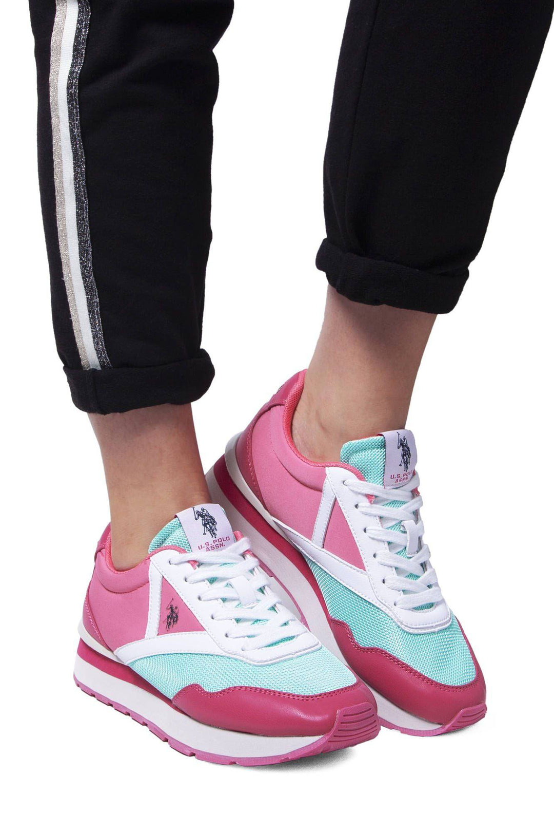 U.S. POLO ASSN. Pink Polyester Women Sneakers in vibrant pink and turquoise colors