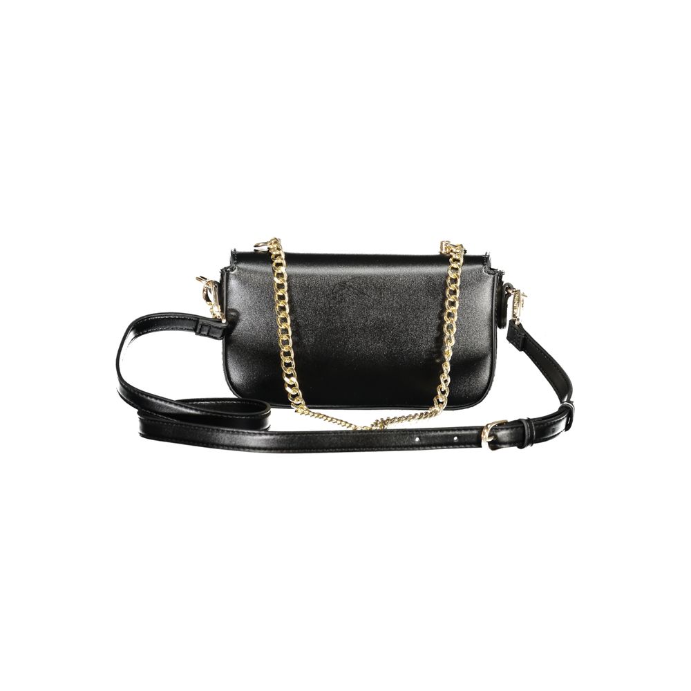 Black leather crossbody bag with gold chain by Valentino Bags, a stylish polyethylene women handbag