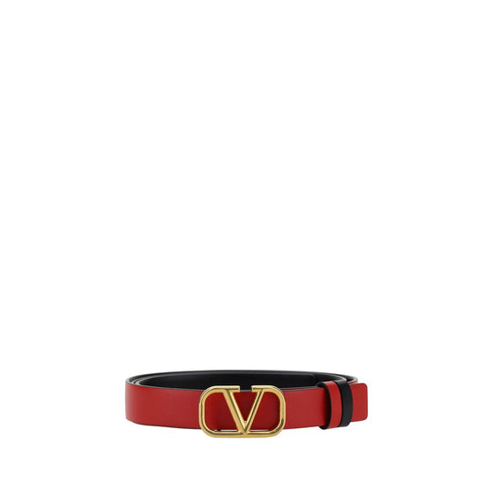 Red leather Valentino Garavani Reversible Belt featuring a gold V buckle