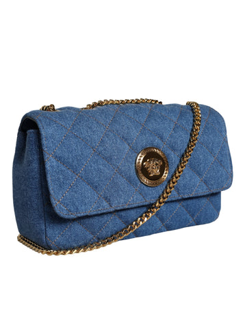 Versace Blue Quilted Denim Leather Crossbody Shoulder Bag with gold chain strap and medallion