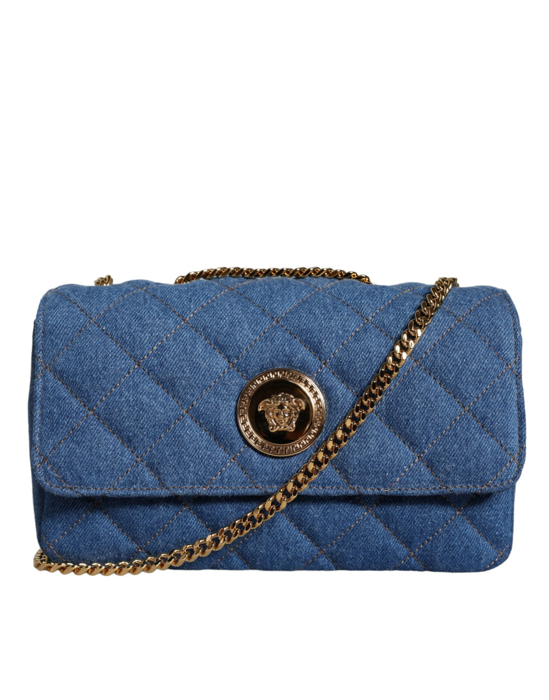 Versace Blue Quilted Denim Leather Crossbody Bag with Gold Chain for stylish elegance