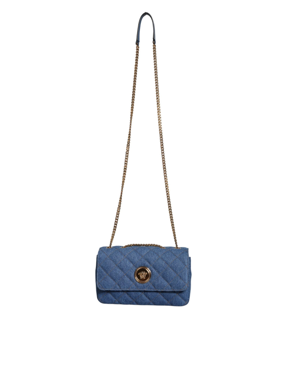 Versace Blue Quilted Denim Leather Crossbody Shoulder Bag with gold chain detail